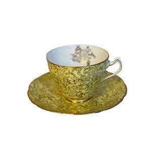 Vtg Royal Crown Pottery English Bone China Cup & Saucer Balfour Gold Leaf Yellow